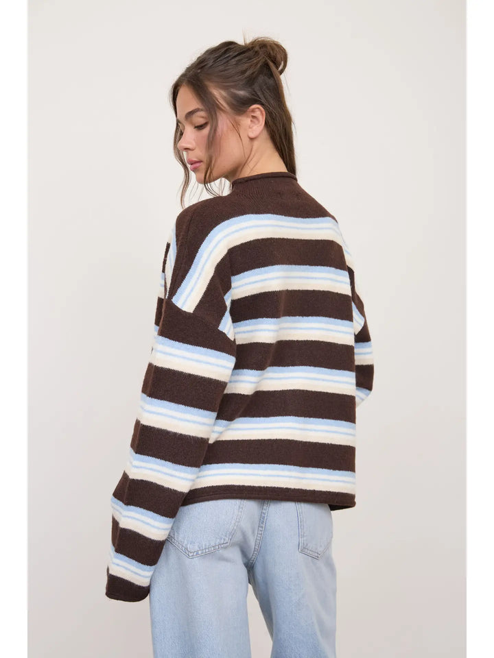 Multi-Color Stripe Rolled Neck Knit Cardigan
