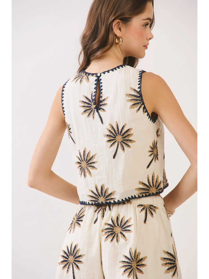Palm Tree Embroidered Back Keyhole Crop Top