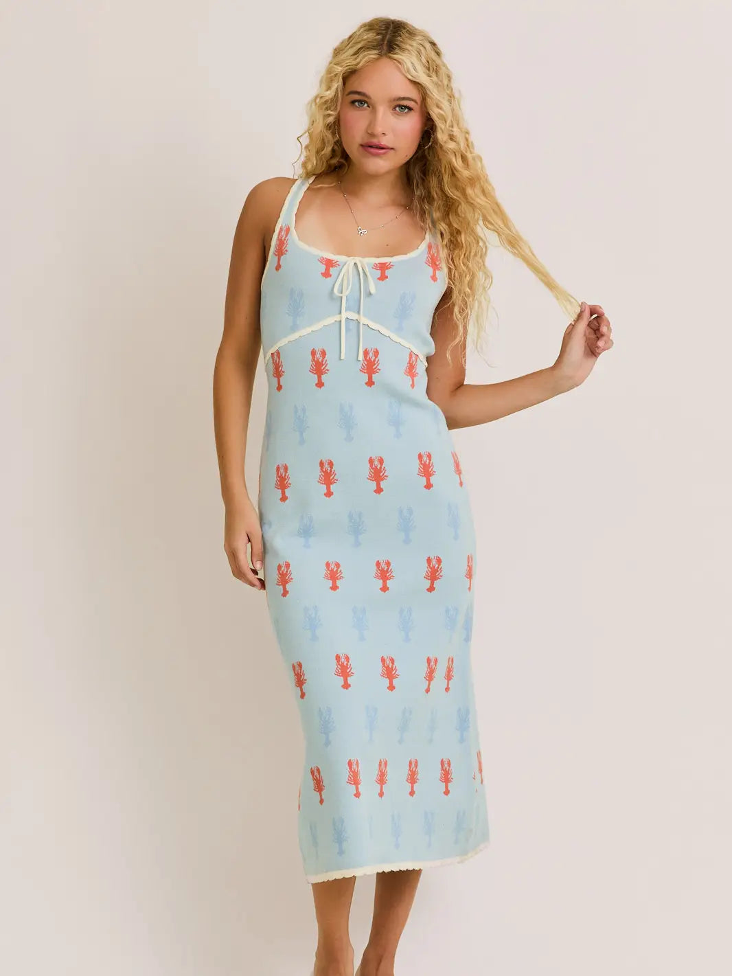 "Lobster" Square Neck Scalloped Hem Sweater Midi Dress