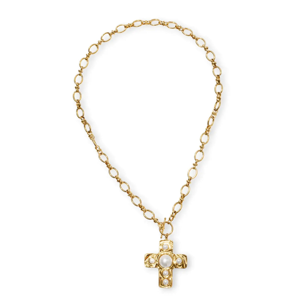 Water Resistant Pearl Cross Necklace
