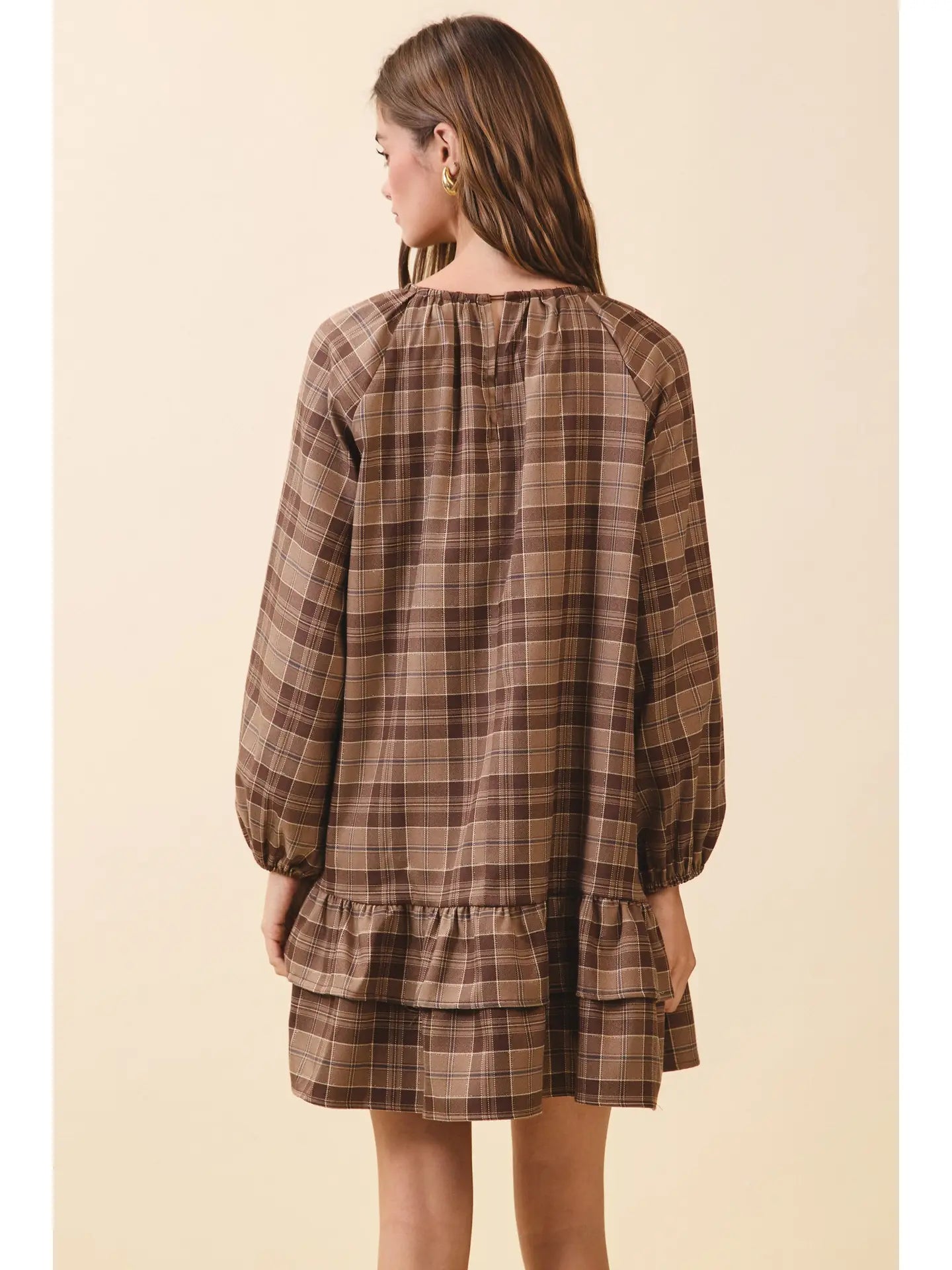 Plaid Tiered Ruffle Hem Lace Trim Detail Dress