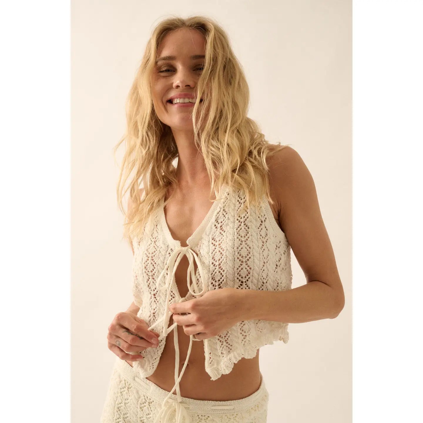 Pointelle Crochet-Knit Tie-Front Tank Top