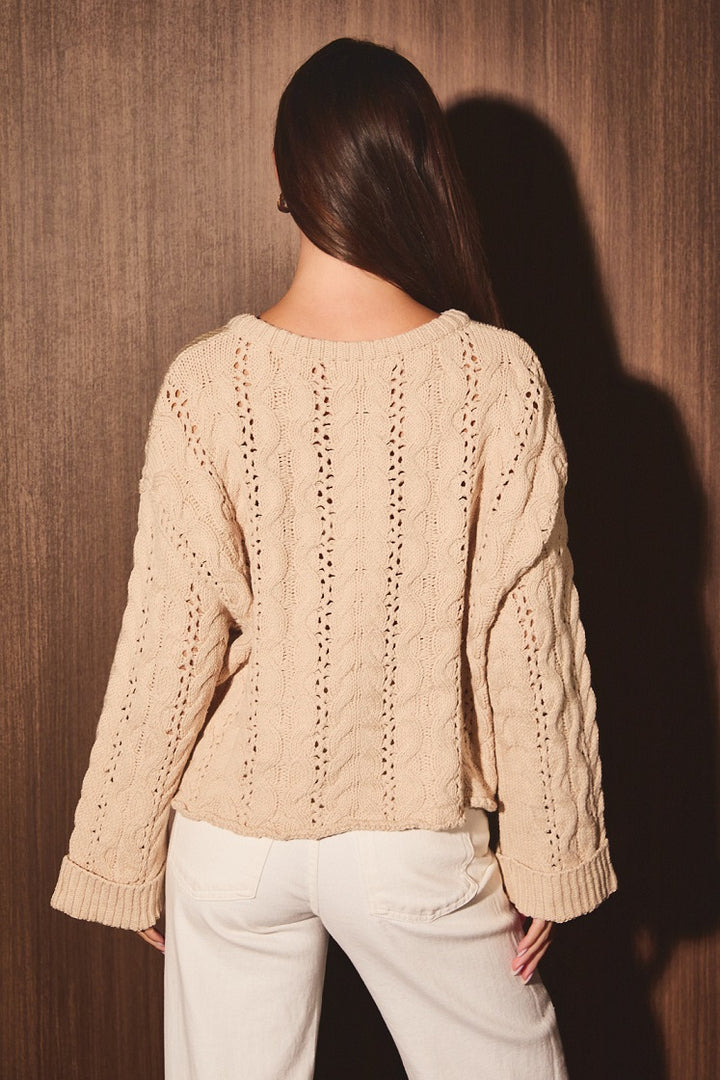 Beige Cable Knit Pointelle Henley Oversized Sweater