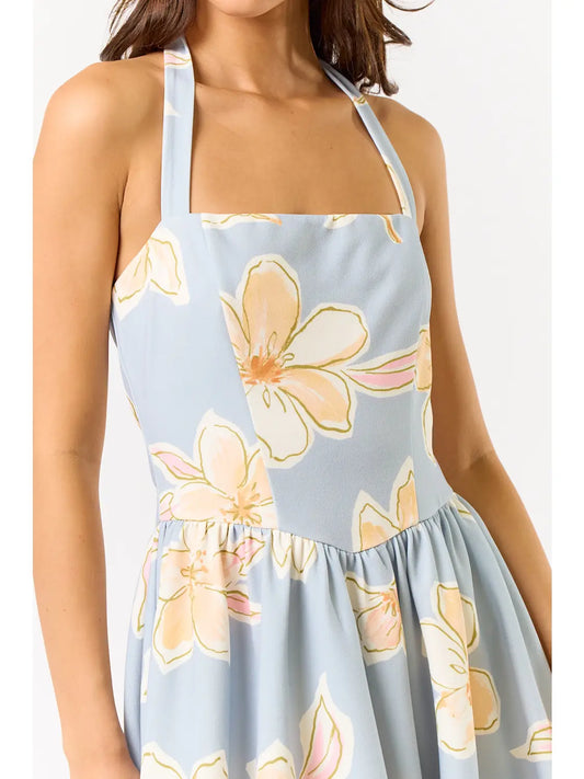 Halter Neck Floral Print Mini Bubble Dress