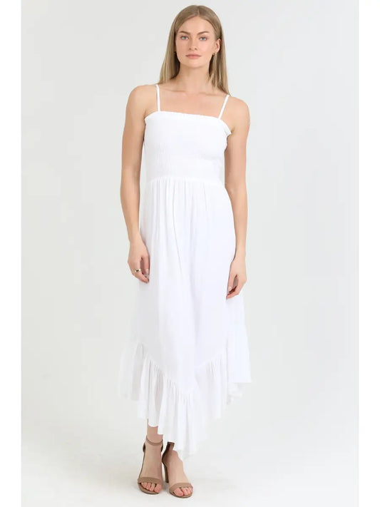 White Smocked Bodice Angled Hem Maxi Dress
