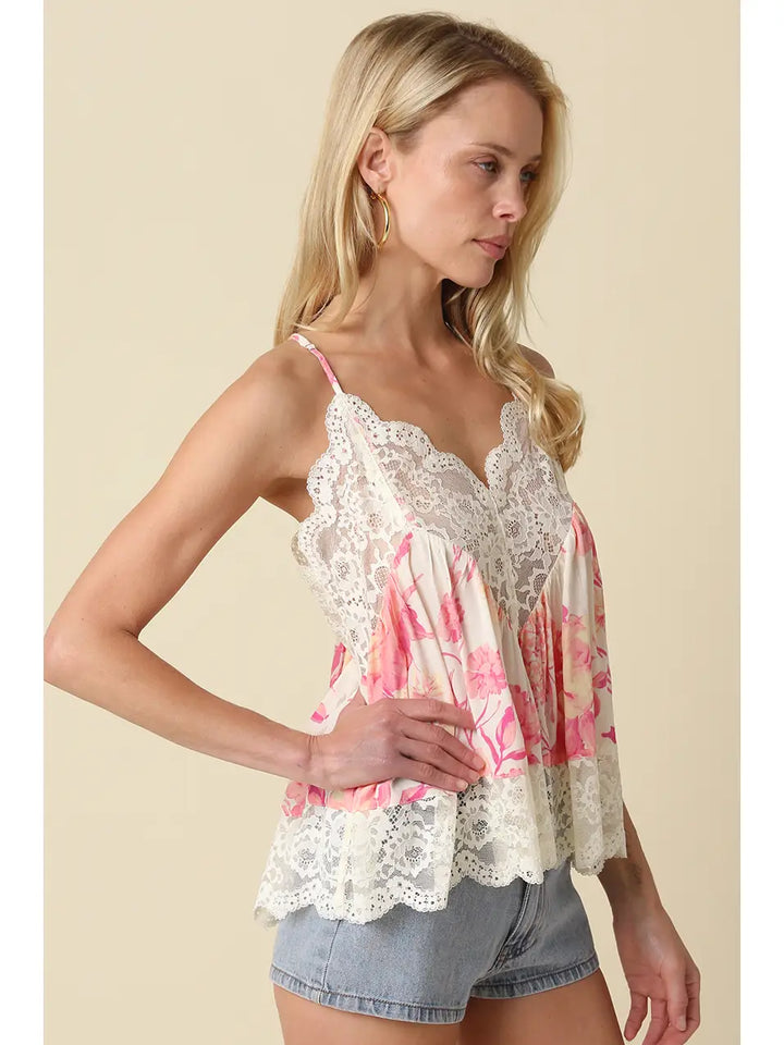 Lia Floral Lace Trim Cami Top