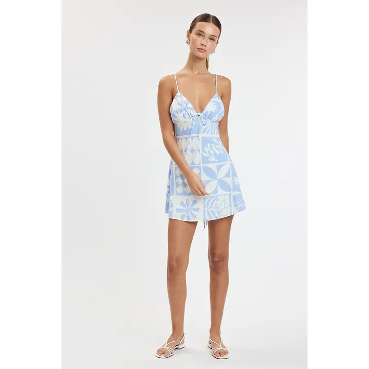 Sky Blue Tile Cross Back Tie Strap Mini Dress