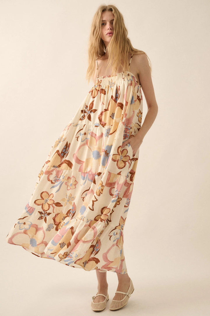 Textured Floral-Print Tiered Ruffle Maxi Dress