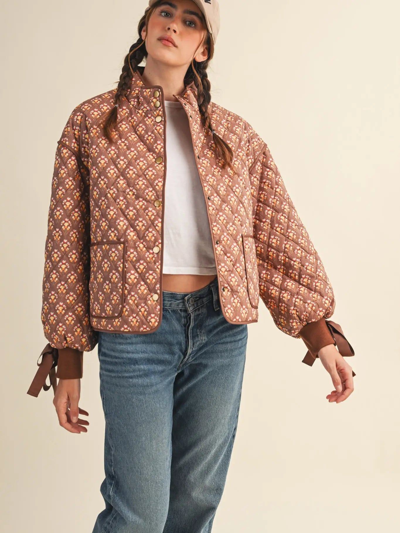 Floral Quilted Jacket with Ribbon Sleeve Detail