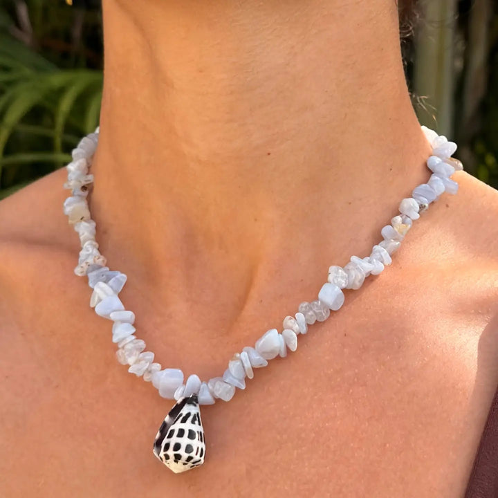Blue Lace Agate + Hebrew Cone Shell Necklace