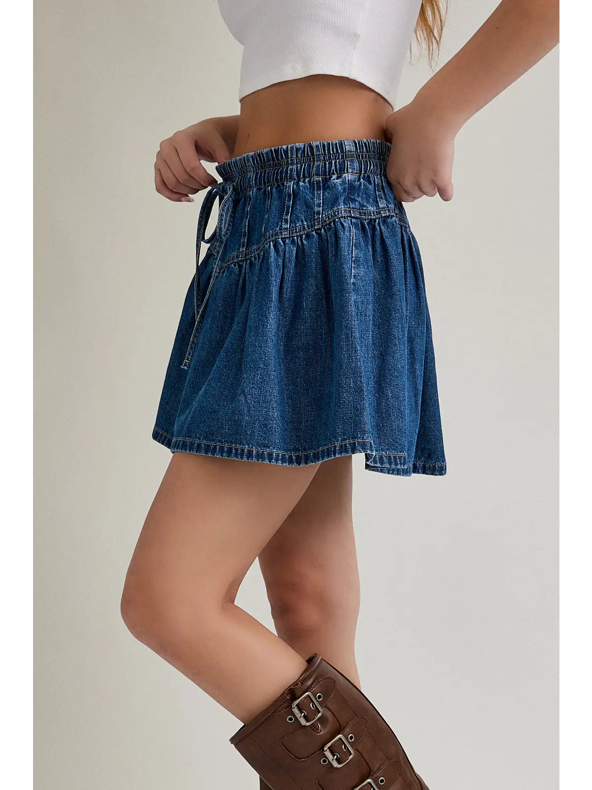 Mid Waisted Pleated Detail Denim Mini Skirt