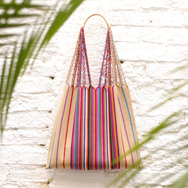 Las Rayas Tote Hand Woven in Chiapas - Natural with Rainbow
