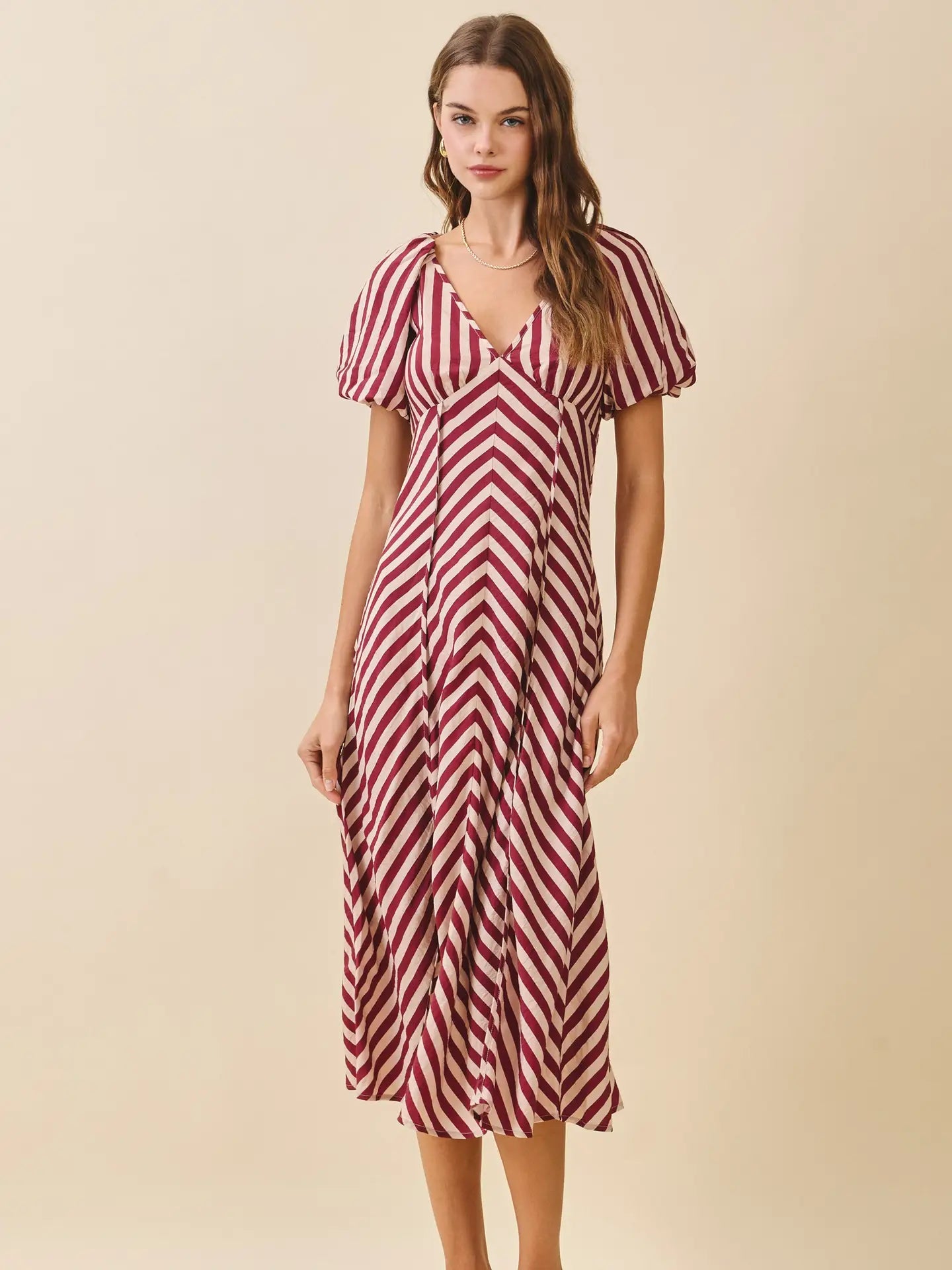 Striped Smocked Bodice V Neck Midi Dress