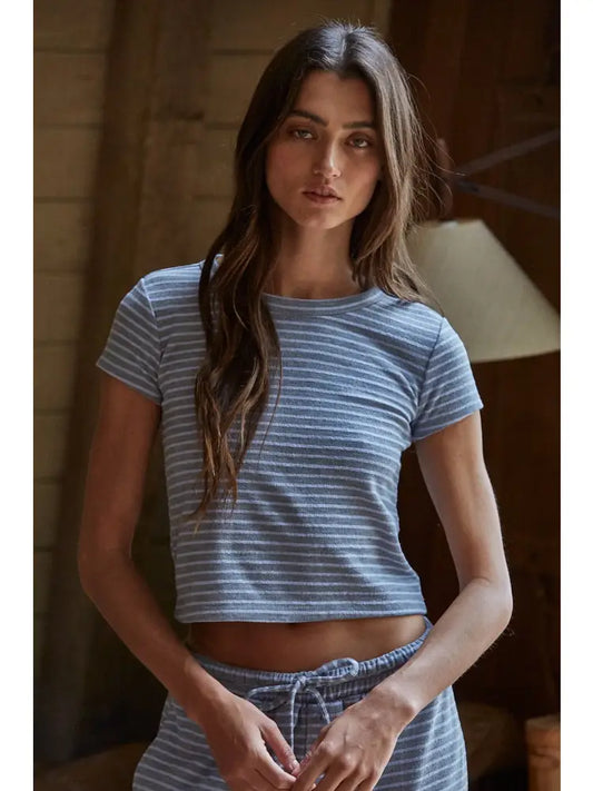 Knit Polyester Cotton Striped Short Sleeve Top