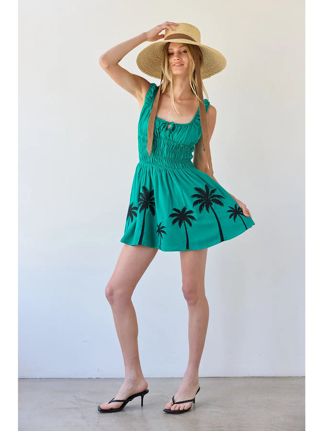 Tropical Palm Embroidered Smocked Mini Dress