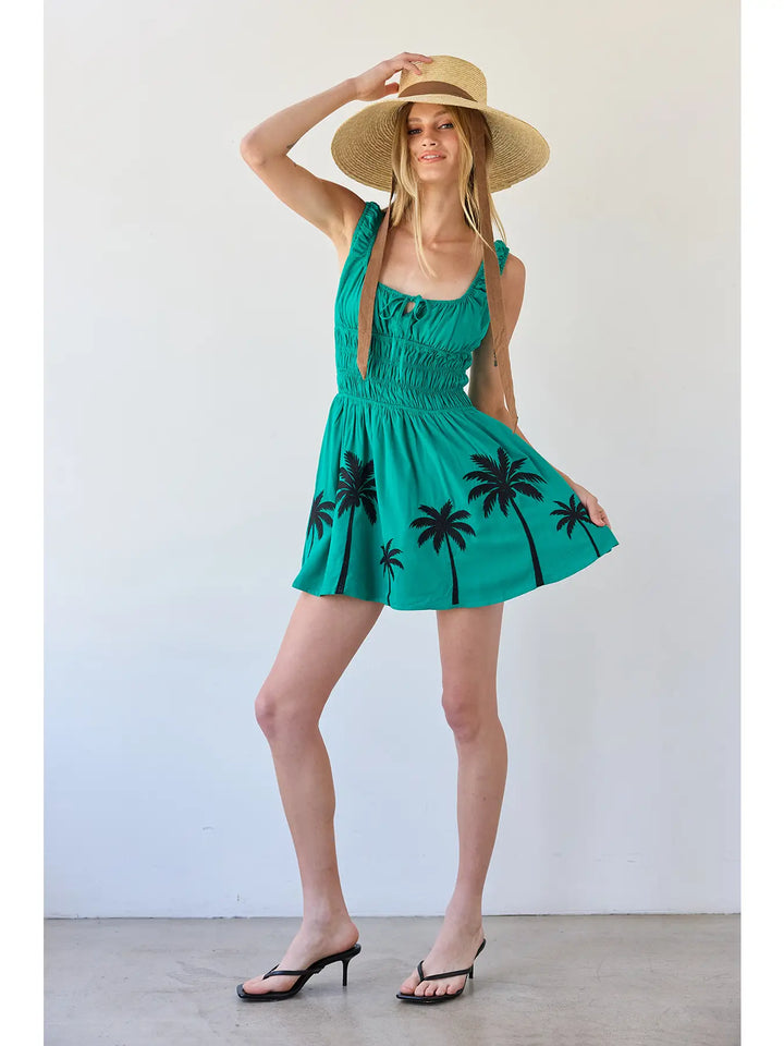 Tropical Palm Embroidered Smocked Mini Dress