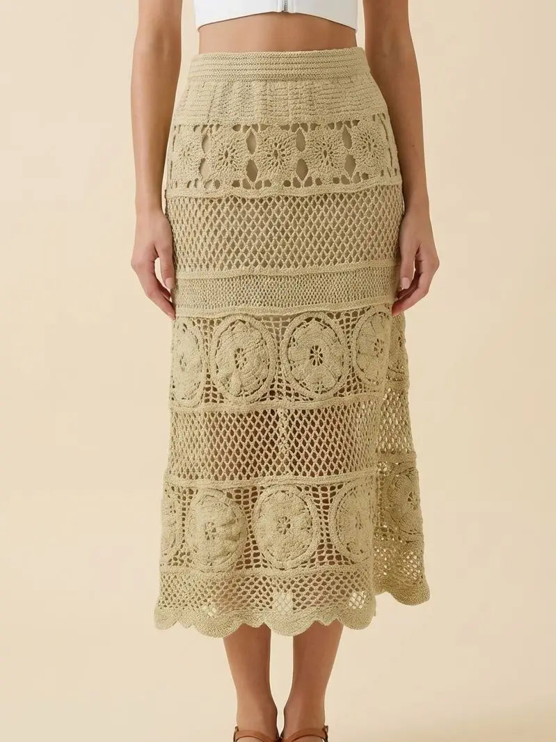 Sage Crochet Floral Pattern Mix Midi Skirt