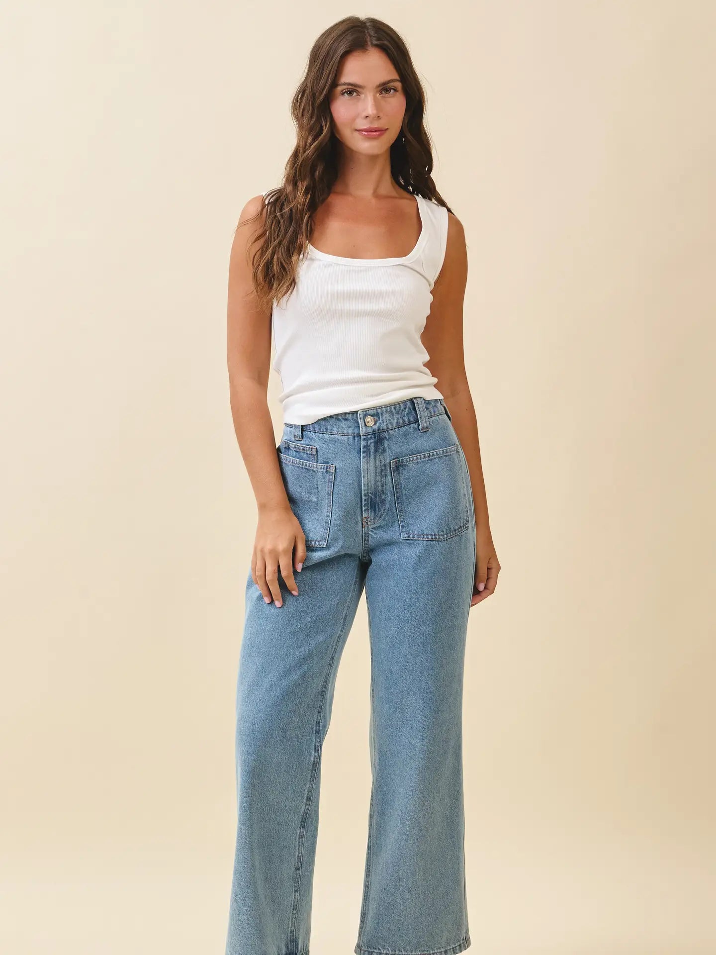 High Waist Wide Leg Denim Pants with Patch Pockets