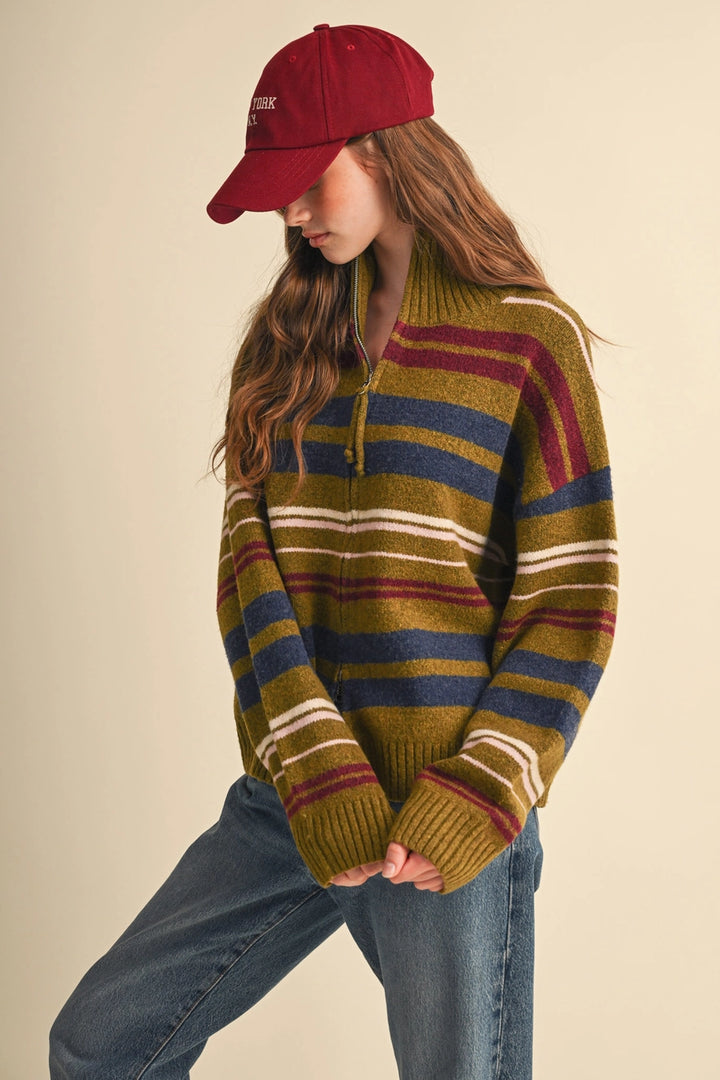 Striped Mock Neck Zip Up Cardigan