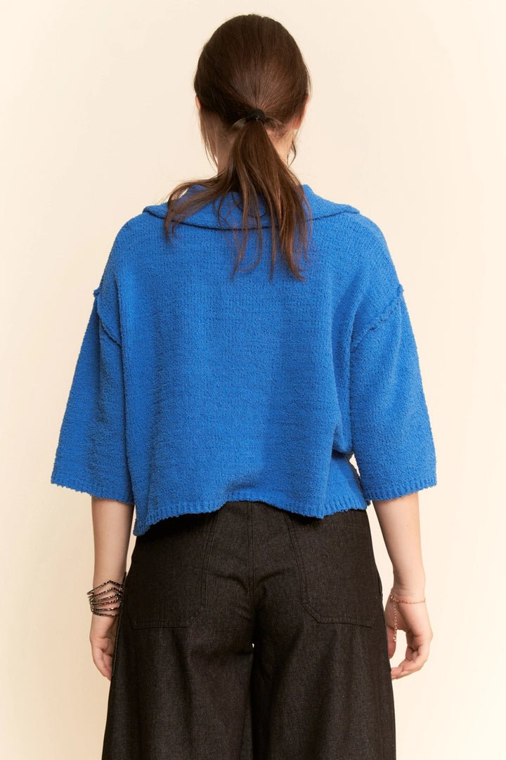 Textured Sweater Knit Knotched V-Neck Top