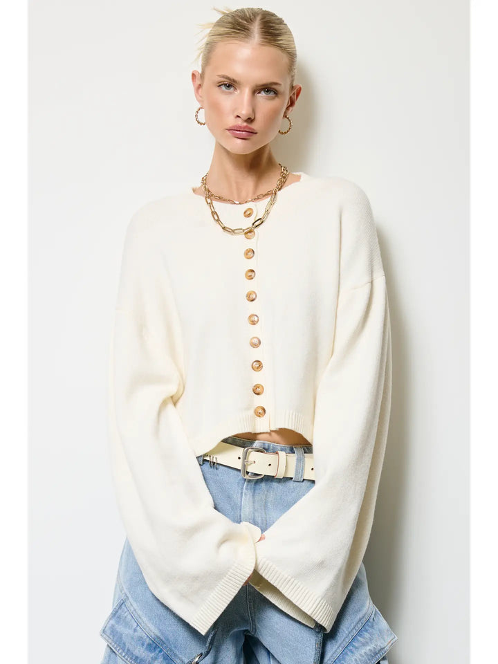 Cream Button Front Cropped Knit Cardigan