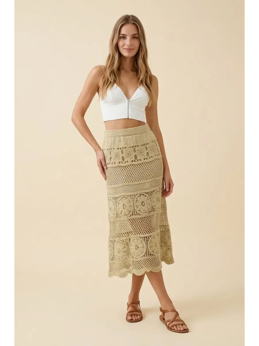 Sage Crochet Floral Pattern Mix Midi Skirt