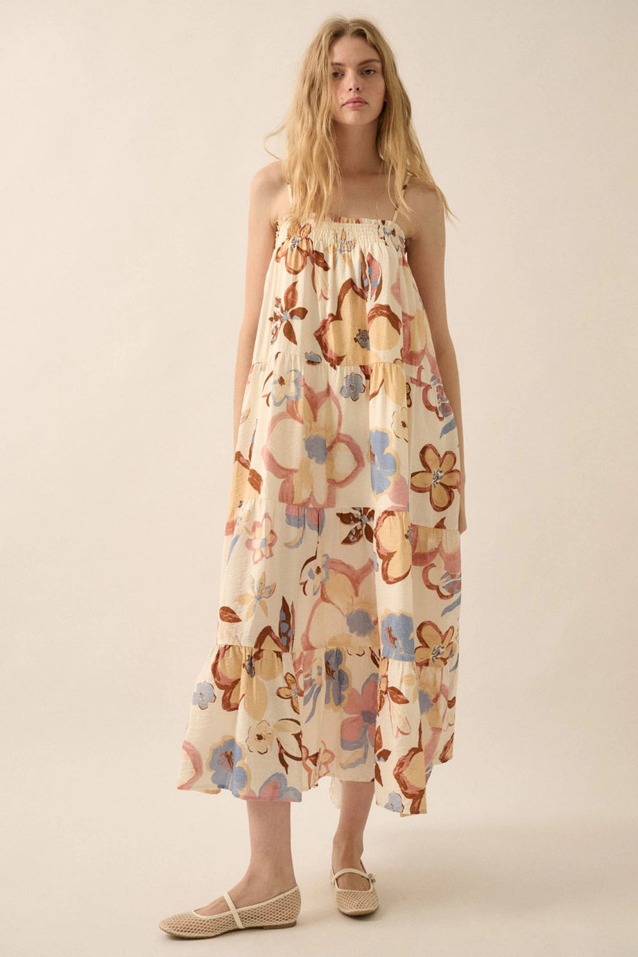 Textured Floral-Print Tiered Ruffle Maxi Dress