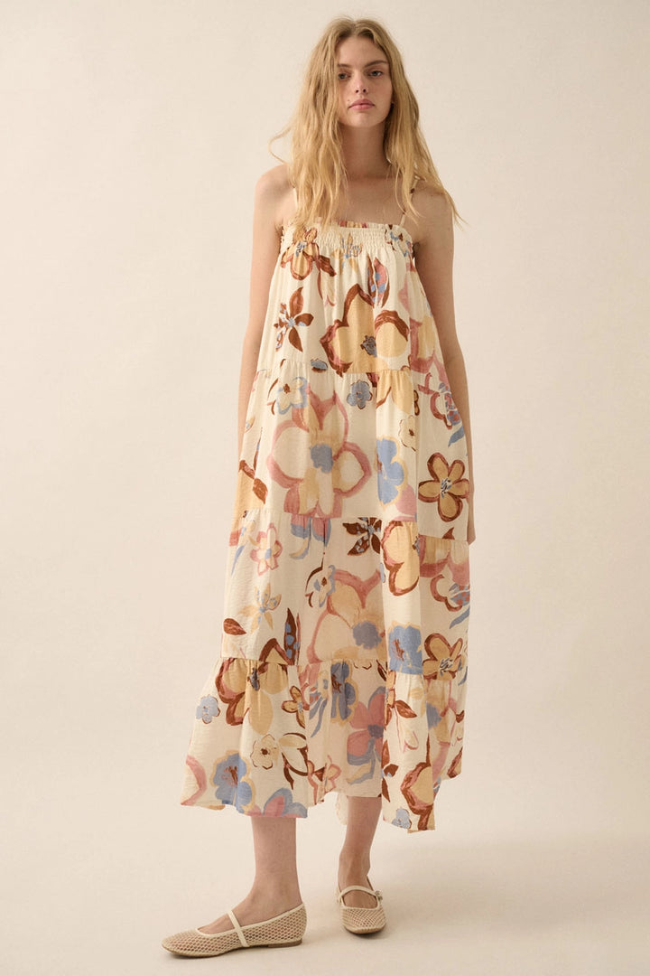 Textured Floral-Print Tiered Ruffle Maxi Dress