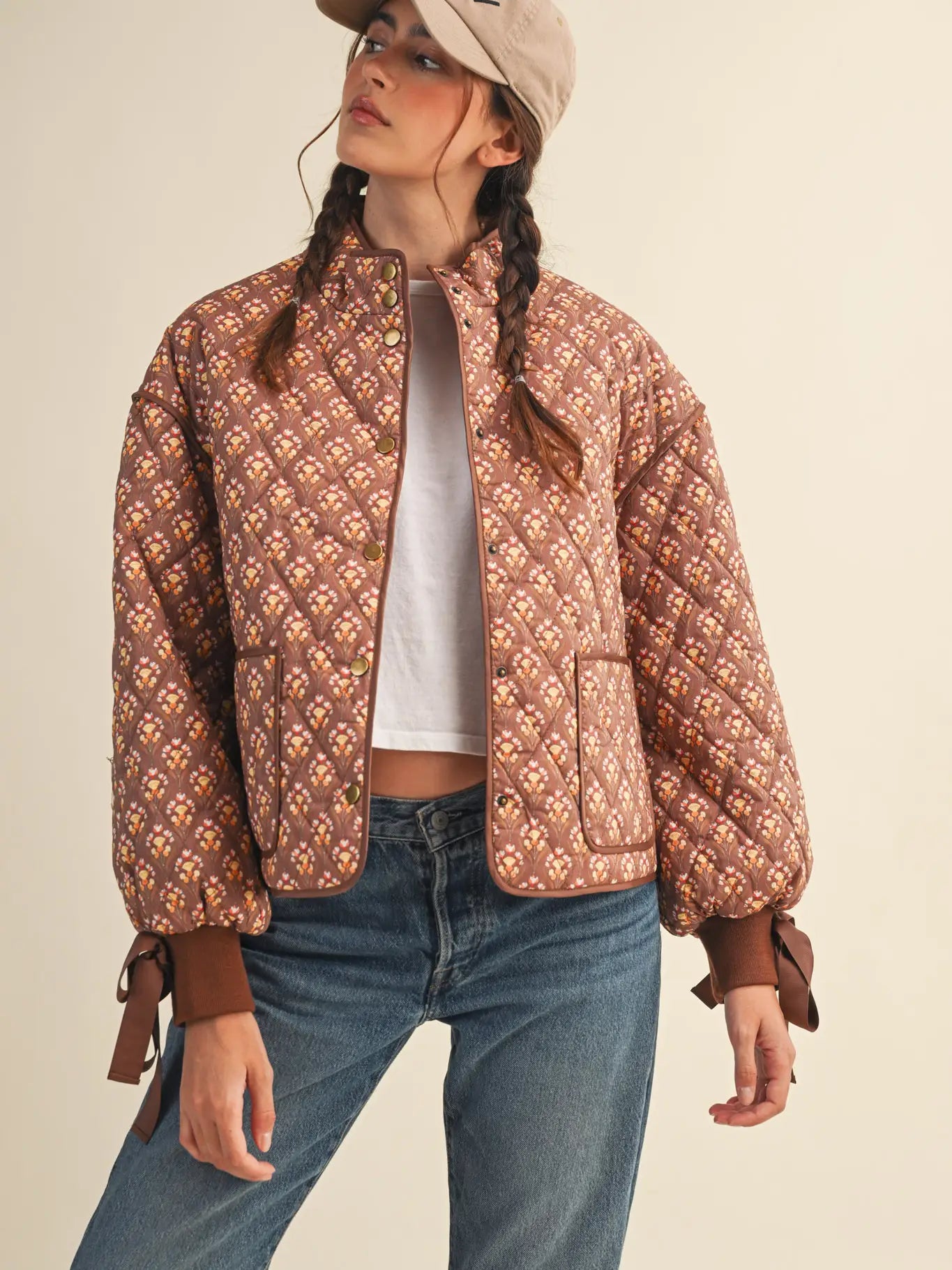 Floral Quilted Jacket with Ribbon Sleeve Detail