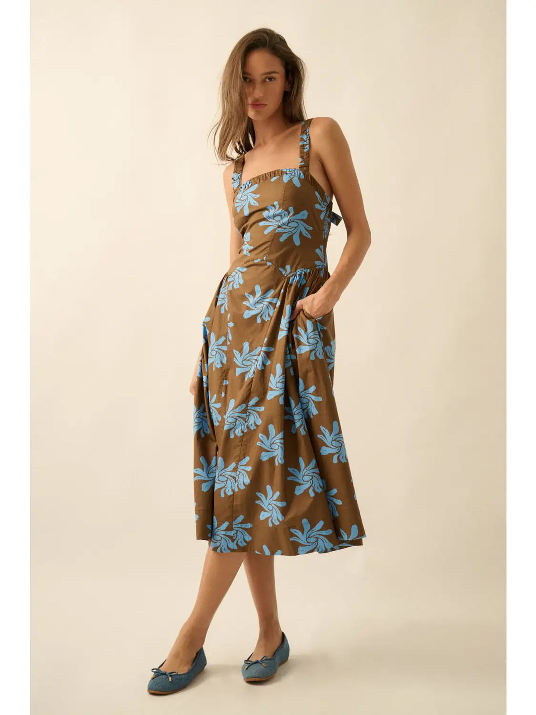 Floral Cotton Drop-Waist Fit-And-Flare Pocket Midi Dress