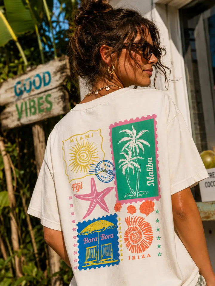 Tropical Stamps Front and Back Cream T-Shirt