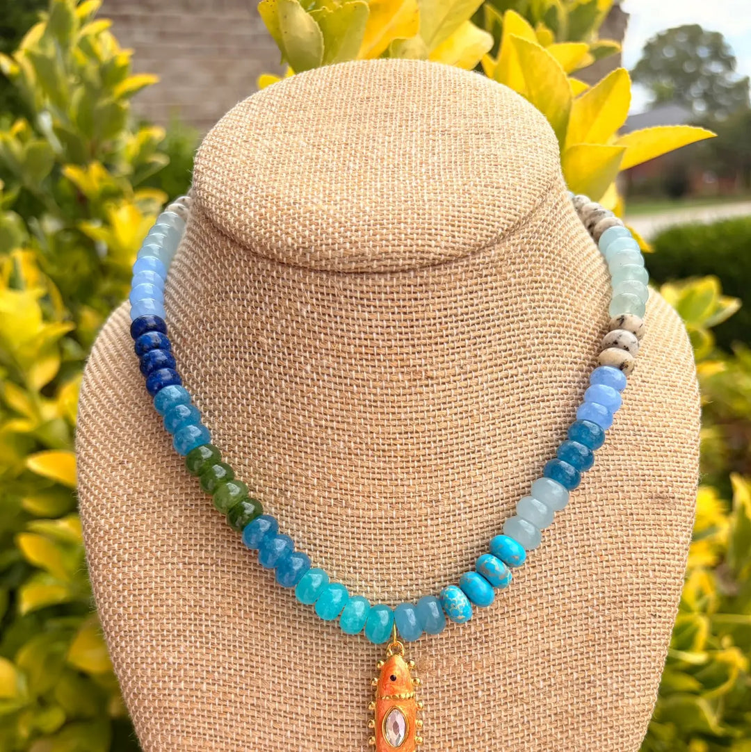 Mixed Blue Rondelles with Orange Fish Charm