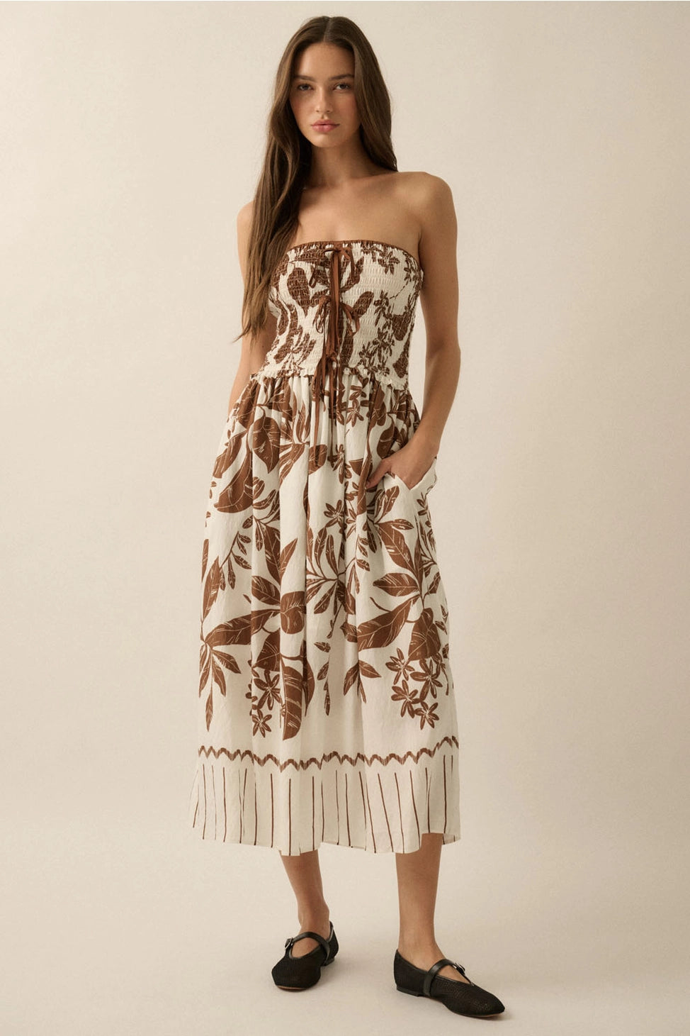 Tropical Floral Strapless Tie-Front Midi Dress