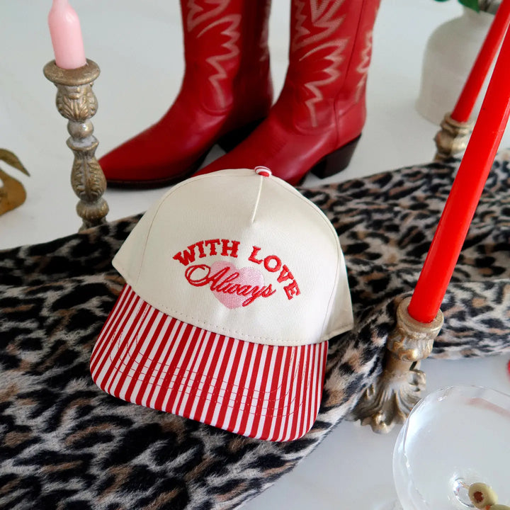 With Love Always Red Striped Embroidered Hat Valentine's Day