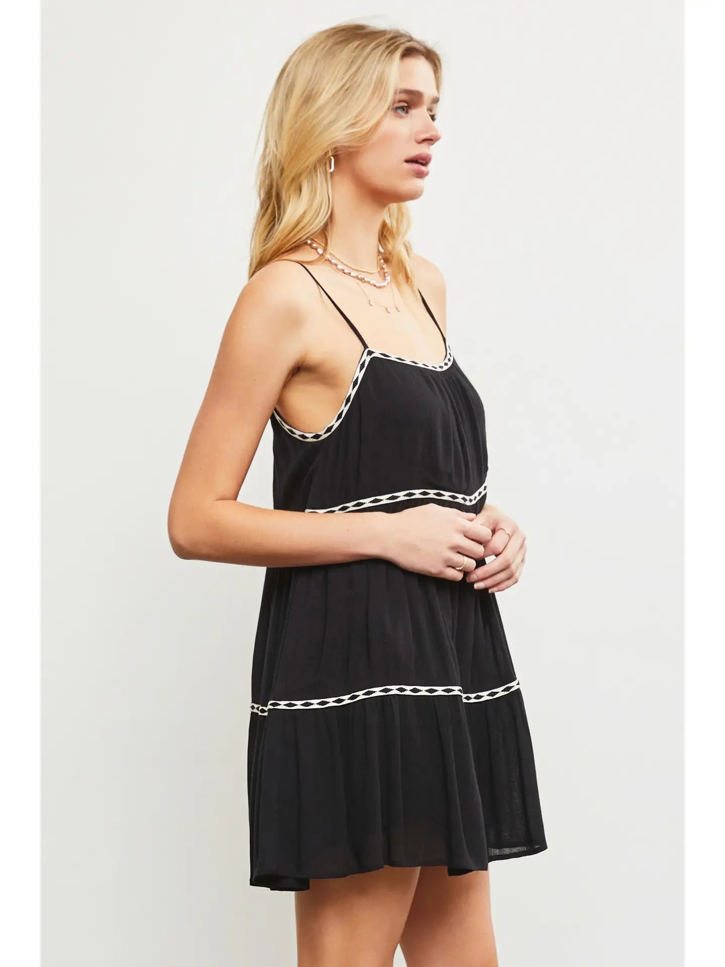 Tape Trim with Shirred Tiered Romper Dress