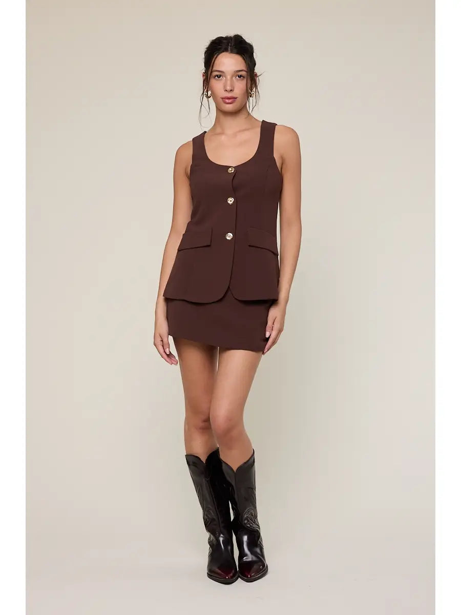 Front Button Vest Top & Slim Fit-in Mini Skirt Set