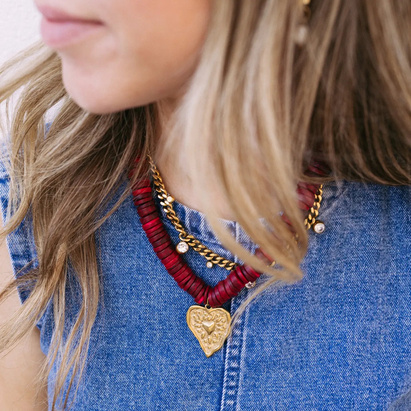 Ruby Red Beaded Heart Necklace
