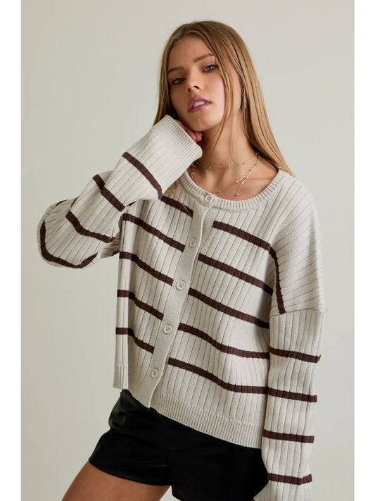 Long Sleeve Crew Neck Wide Ribbed Stripe Sweater Cardigan