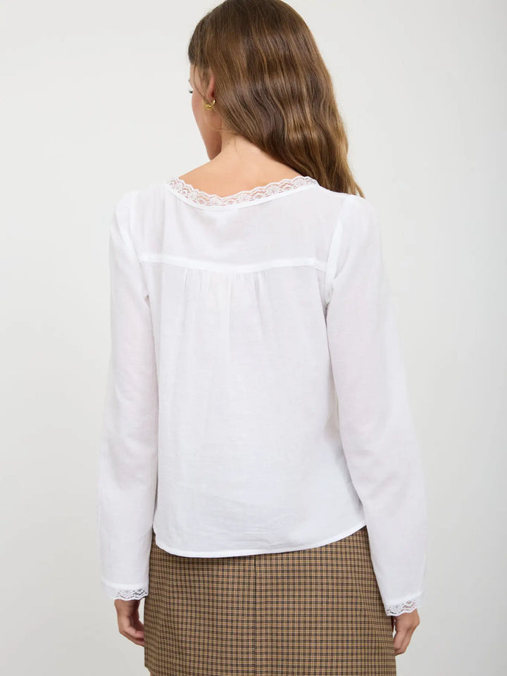 Scoop Neck Front Tie Lace Trim Long Sleeve Top