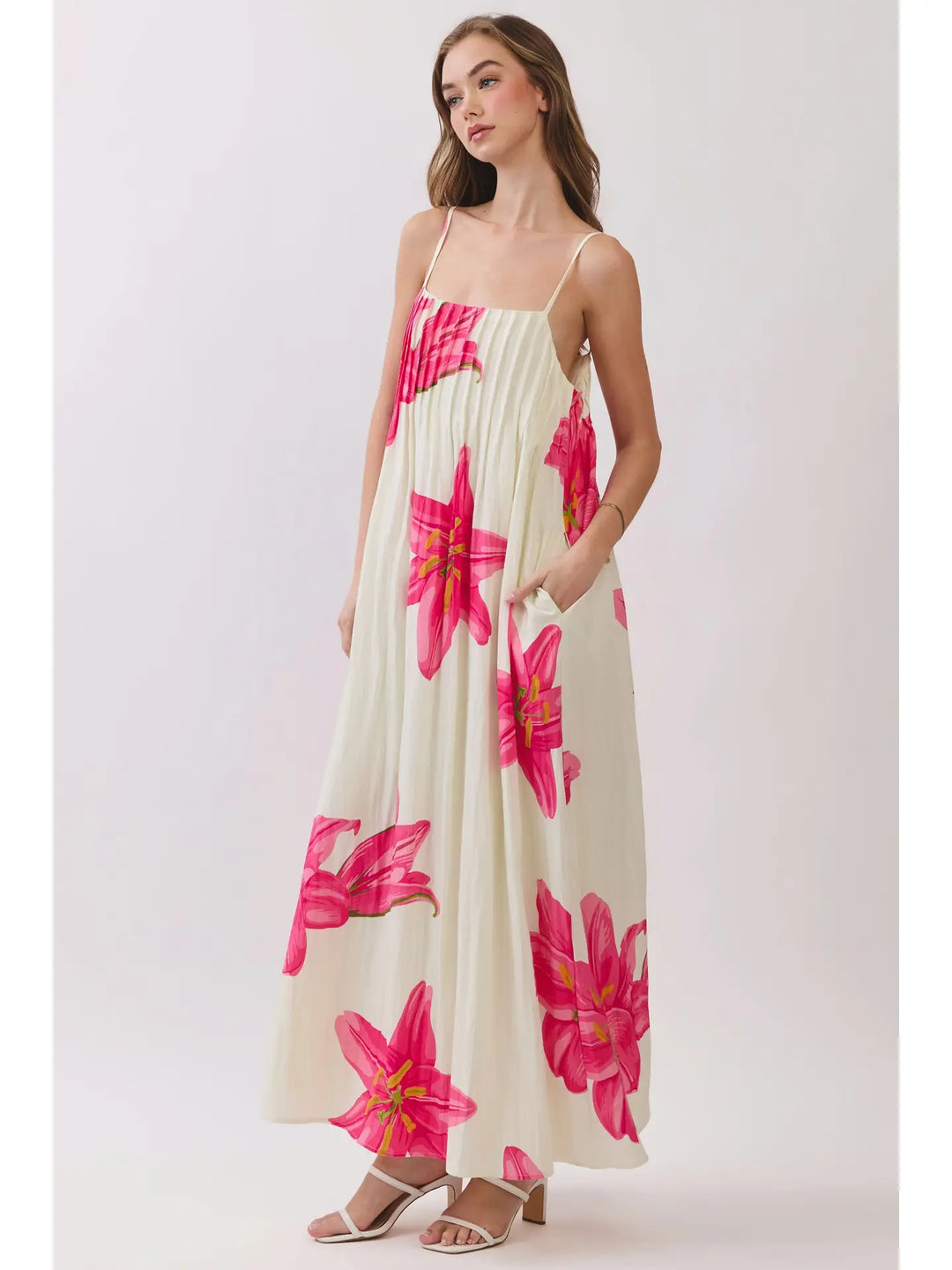 Floral Pleated Maxi Dress with Adjustable Straps