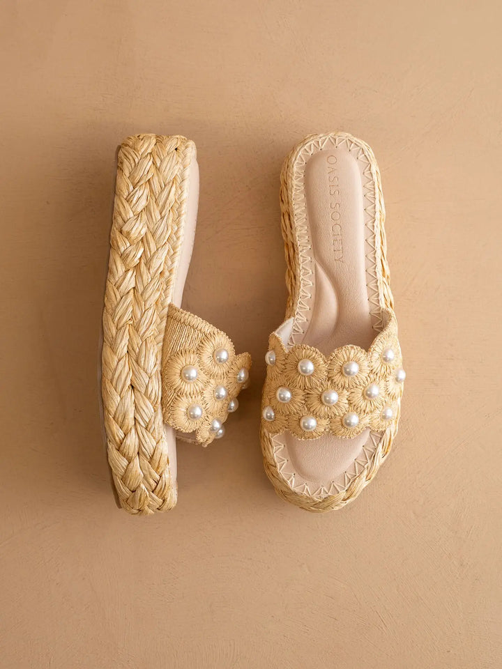The Candice | Natural Floral Raffia Platform Slide