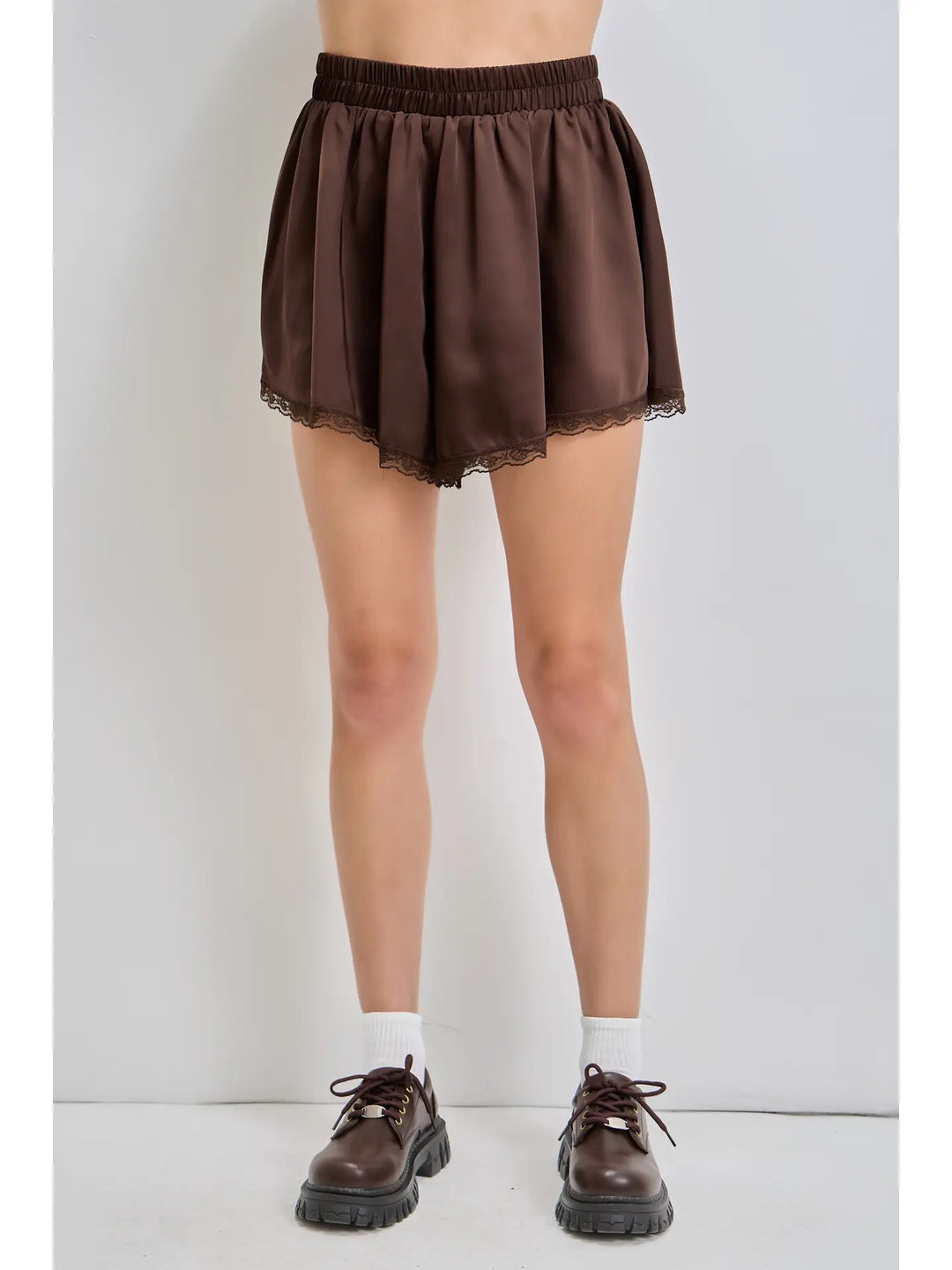 Lace Trim Elastic Waist Satin Mini Skort