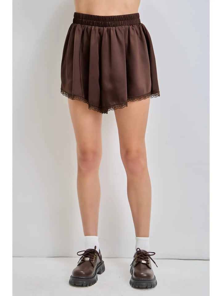 Lace Trim Elastic Waist Satin Mini Skort