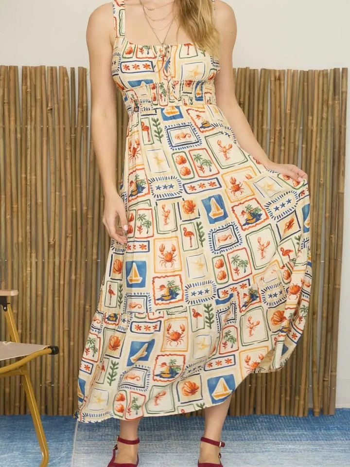 Marine Motif Front Tie Smocked Waist Midi Dress