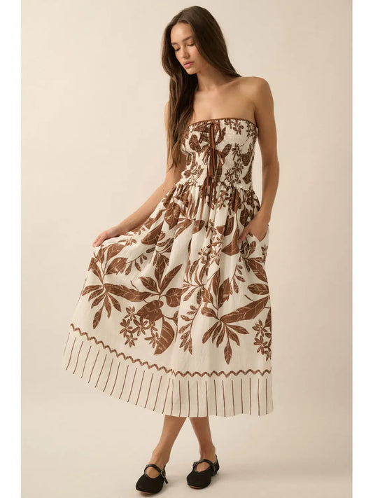 Tropical Floral Strapless Tie-Front Midi Dress