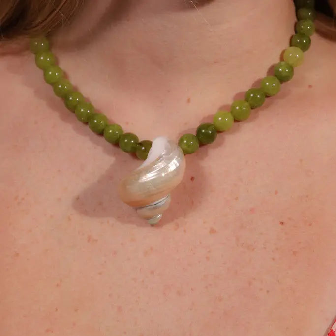 Olive Green Beaded Twisty Shell Necklace