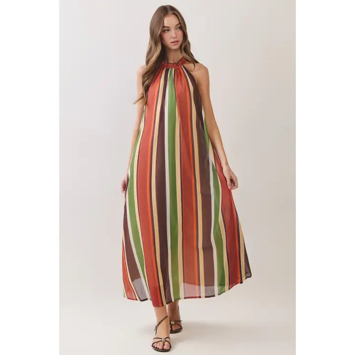 After Hours Stripe Halter Maxi Dress