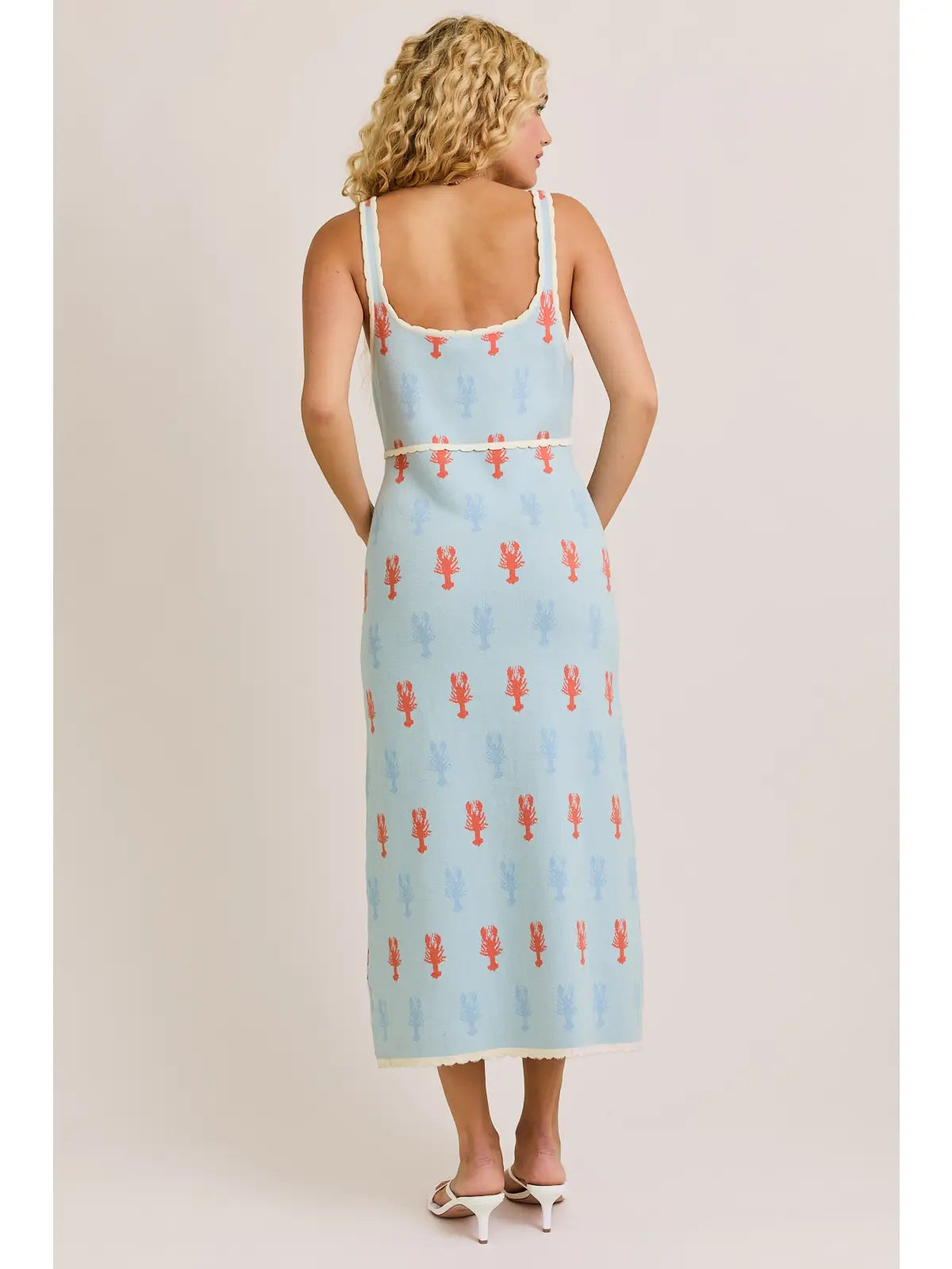 "Lobster" Square Neck Scalloped Hem Sweater Midi Dress