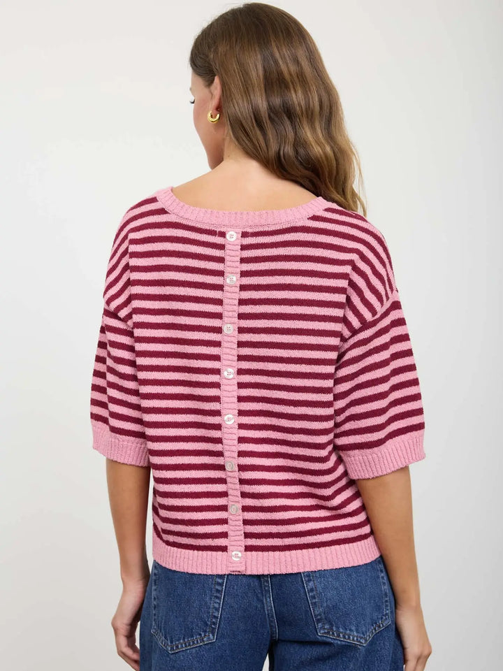 Stripe Contrast Trim Short Sleeve Knit Sweater