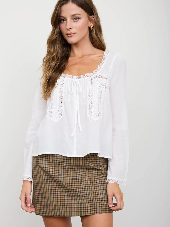 Scoop Neck Front Tie Lace Trim Long Sleeve Top